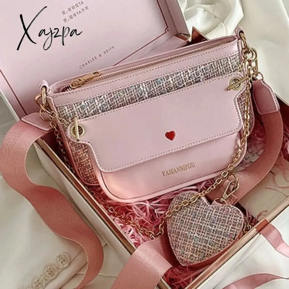 Xajzpa - Luxury Heart Bag 2 Pcs/set Women Shoulder Bags Casual Solid Color Women Bag Chain Wide Strap Crossbody Messenger Bags Purse