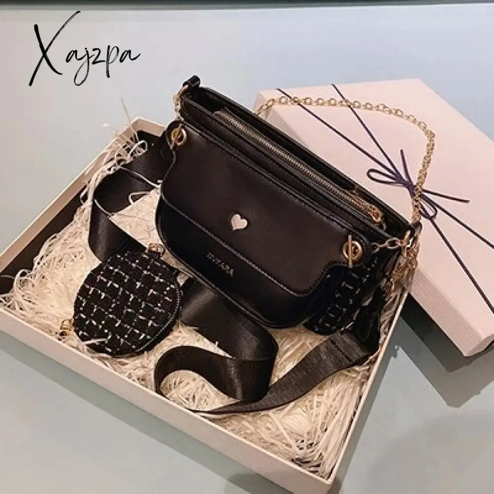 Xajzpa - Luxury Heart Bag 2 Pcs/set Women Shoulder Bags Casual Solid Color Women Bag Chain Wide Strap Crossbody Messenger Bags Purse