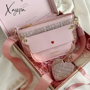 Xajzpa - Luxury Heart Bag 2 Pcs/set Women Shoulder Bags Casual Solid Color Women Bag Chain Wide Strap Crossbody Messenger Bags Purse