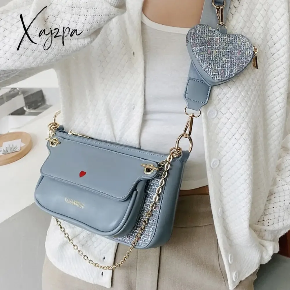 Xajzpa - Luxury Heart Bag 2 Pcs/set Women Shoulder Bags Casual Solid Color Women Bag Chain Wide Strap Crossbody Messenger Bags Purse