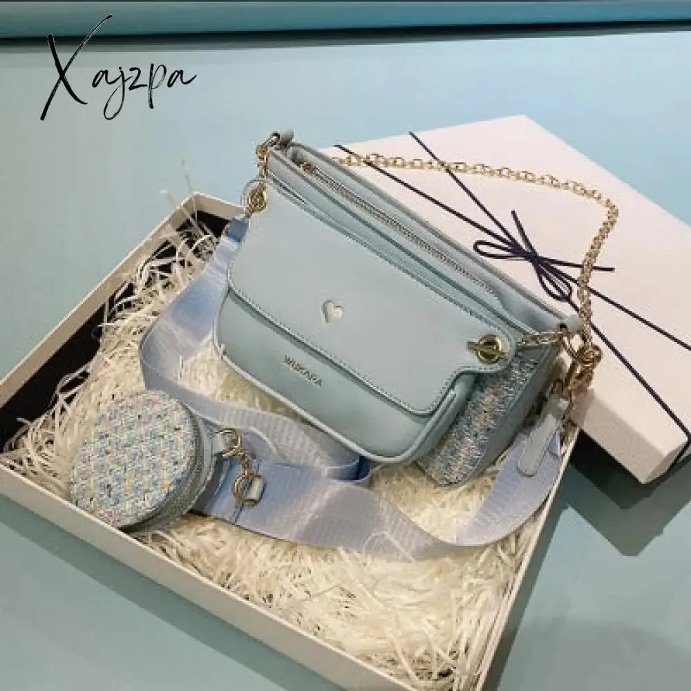 Xajzpa - Luxury Heart Bag 2 Pcs/set Women Shoulder Bags Casual Solid Color Women Bag Chain Wide Strap Crossbody Messenger Bags Purse