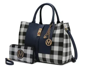 Yuliana Checkered Satchel Bag with Wallet - Navy