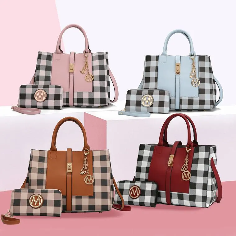 Yuliana Checkered Satchel Bag with Wallet - Navy