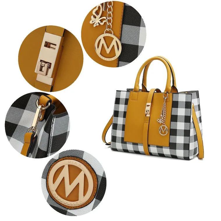 Yuliana Checkered Satchel Bag with Wallet - Navy