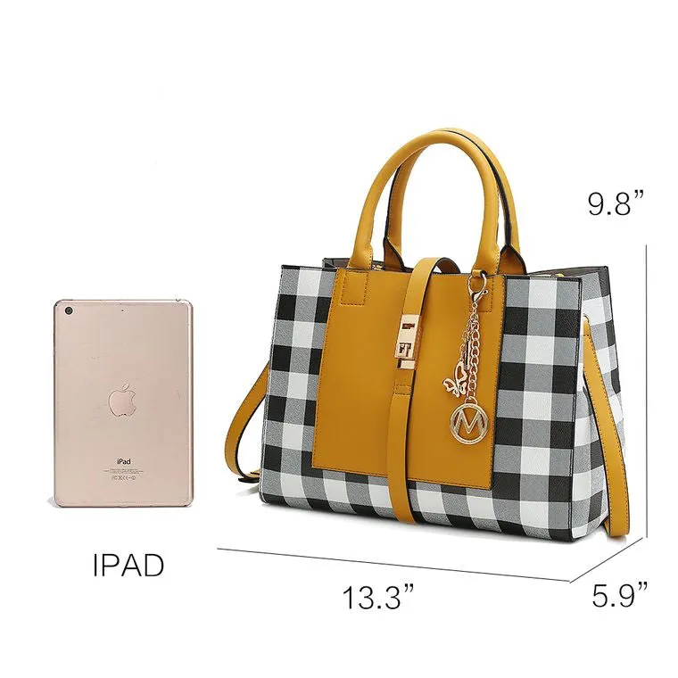 Yuliana Checkered Satchel Bag with Wallet - Navy