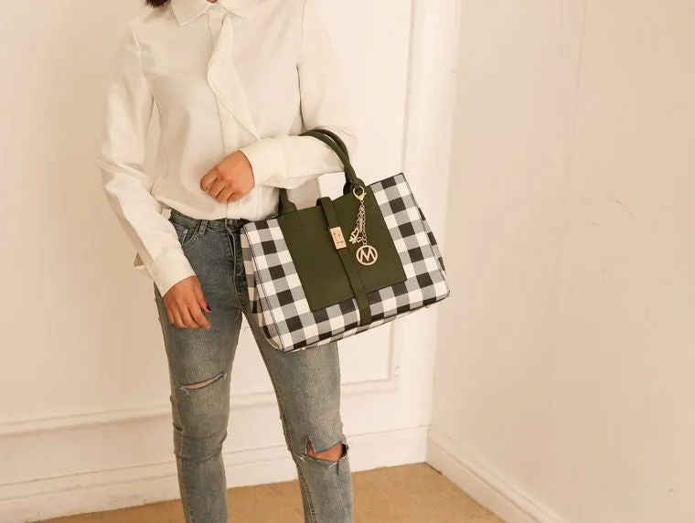 Yuliana Checkered Satchel Bag with Wallet - Navy